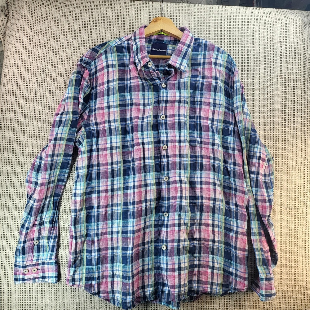 Tommy Bahama Linen Shirt Mens XL Blue Pink Plaid Long Sleeve Button Front Casual